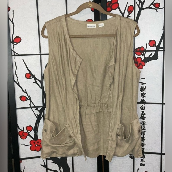 Liz Claiborne Utility Medium 100% Linen Lightweight Brown Tan Linen Safari Vest - Picture 1 of 10